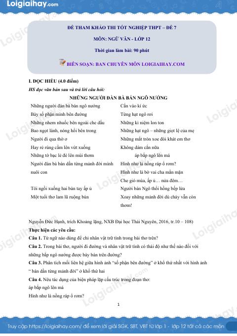 Đề tham khảo thi Văn THPT (Đề số 7) - có lời giải chi tiết